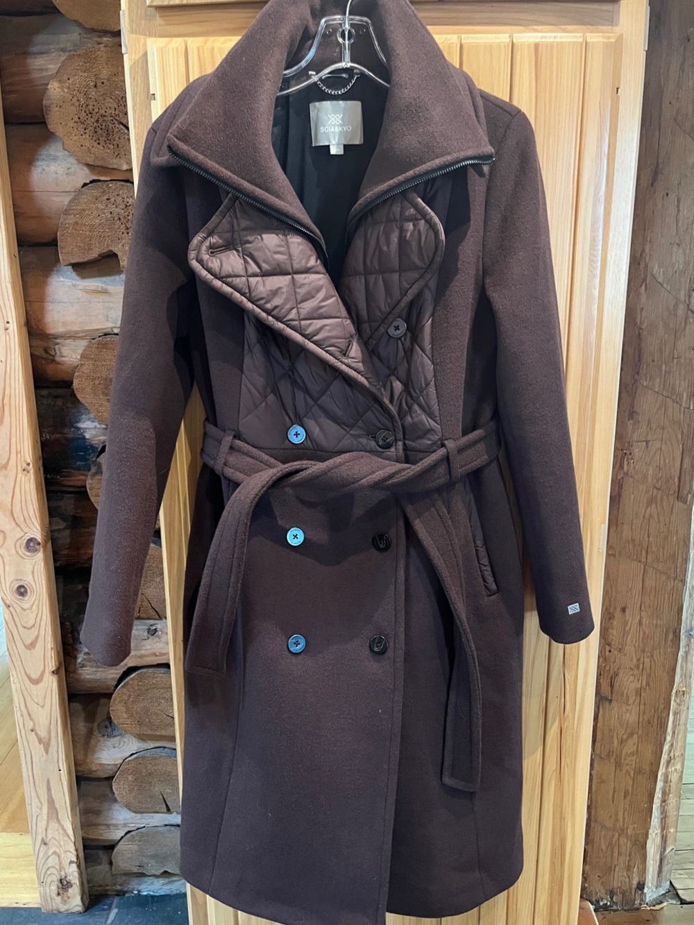 Soia & Kyo Dark Brown Quilted-Front Wool-Blend Belted Trench Coat - Picture 2 of 7